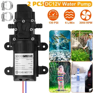 2PCS 12V Water Pump with 2 Hose Clamps 130PSI Self Priming Sprayer Pump 70W Electric Diaphragm Water Pump 6L/Min for RV Camper Marine Boat