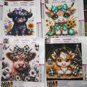 Highland Cow Diamond Painting Kit, 4-Piece Adult DIY 5D Full-Drill Round Diamond Art Set, Frameless Home Décor