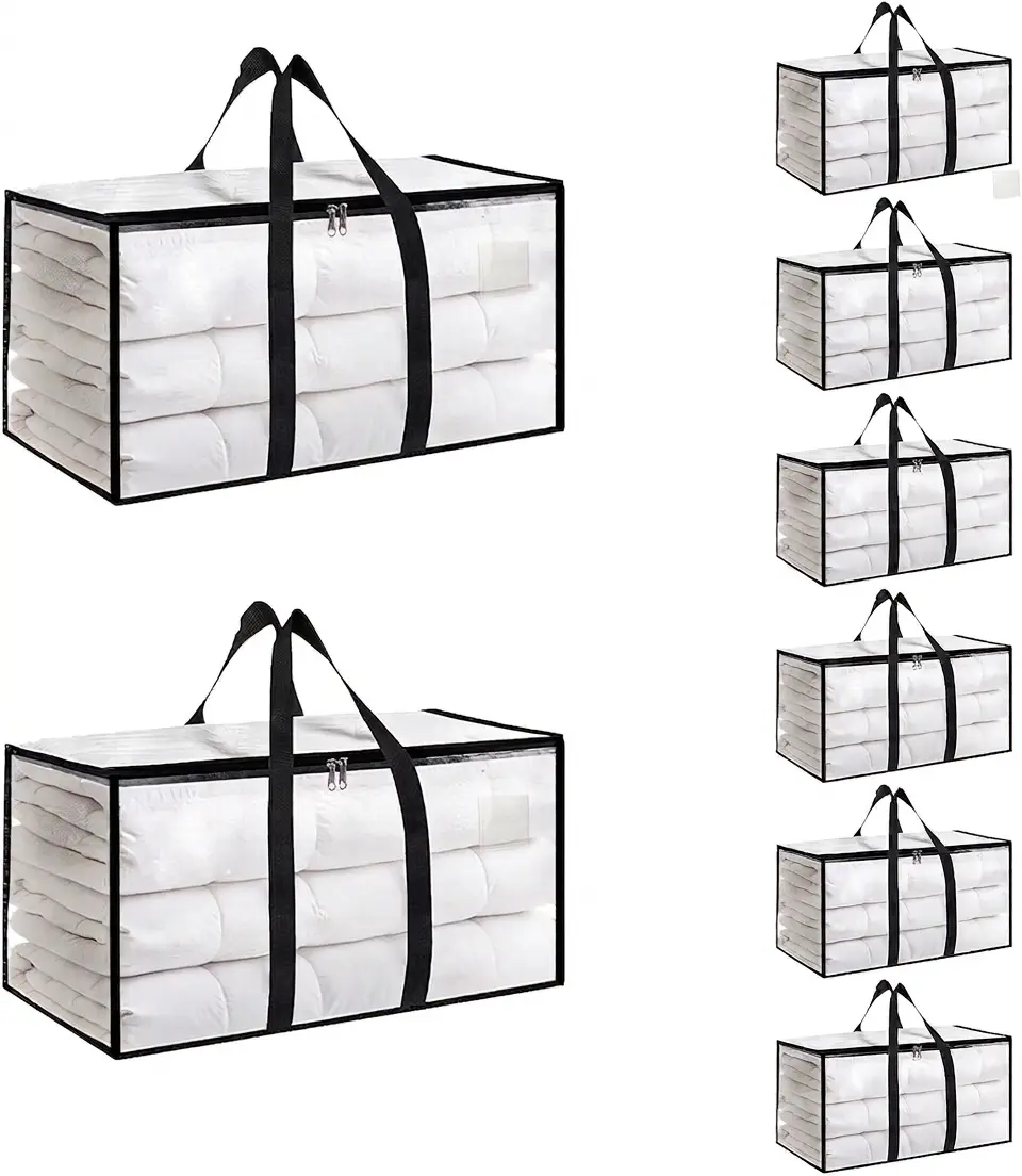 Multi-Pack Extra Large Heavy-Duty Foldable Storage Bags with Lids, Waterproof Woven Fabric, Reinforced Handles, Resealing Zipper, Dustproof Multi-Purpose Reusable Bags for Moving, Home Storage Organization