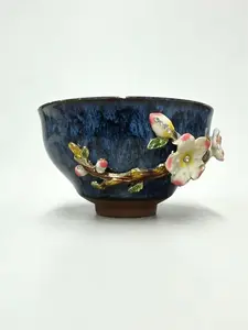 Blue Glaze Enamel Plum Blossom Jianzhan Tea Cup，Chinese culture,High-temperature firing,Handcrafted ceramic cup,Wine Glass, Kung Fu Cup,Drinkware