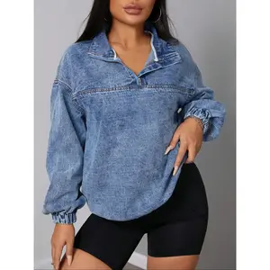 Women’s Autumn–Winter Casual Loose-Fit Denim Jacket, Stand-Collar Pullover Coat, Fashionable Solid-Color Outerwear for Everyday Wear