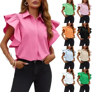 Imily Bela Womens Ruffle Button Down Shirts Cute Summer Short Sleeve Tops Blouse