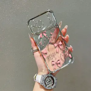 Pink bow pattern electroplated four-corner safety airbag shock-proof mobile phone case. Suitable for iPhone 17 Pro Max with 16/15/14/13/12/11 Pro Max models. It is a transparent protective case for safety airbag shock resistance.