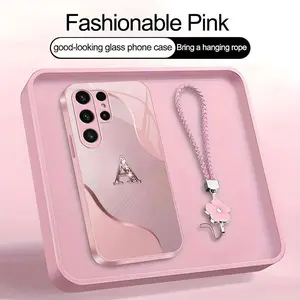 Wave Art 26 letter Phone Case, Suitable for [Galaxy S23 Ultra] high-end women's, Lanyard a beautiful four-leaf clover lanyard is included🍀 952