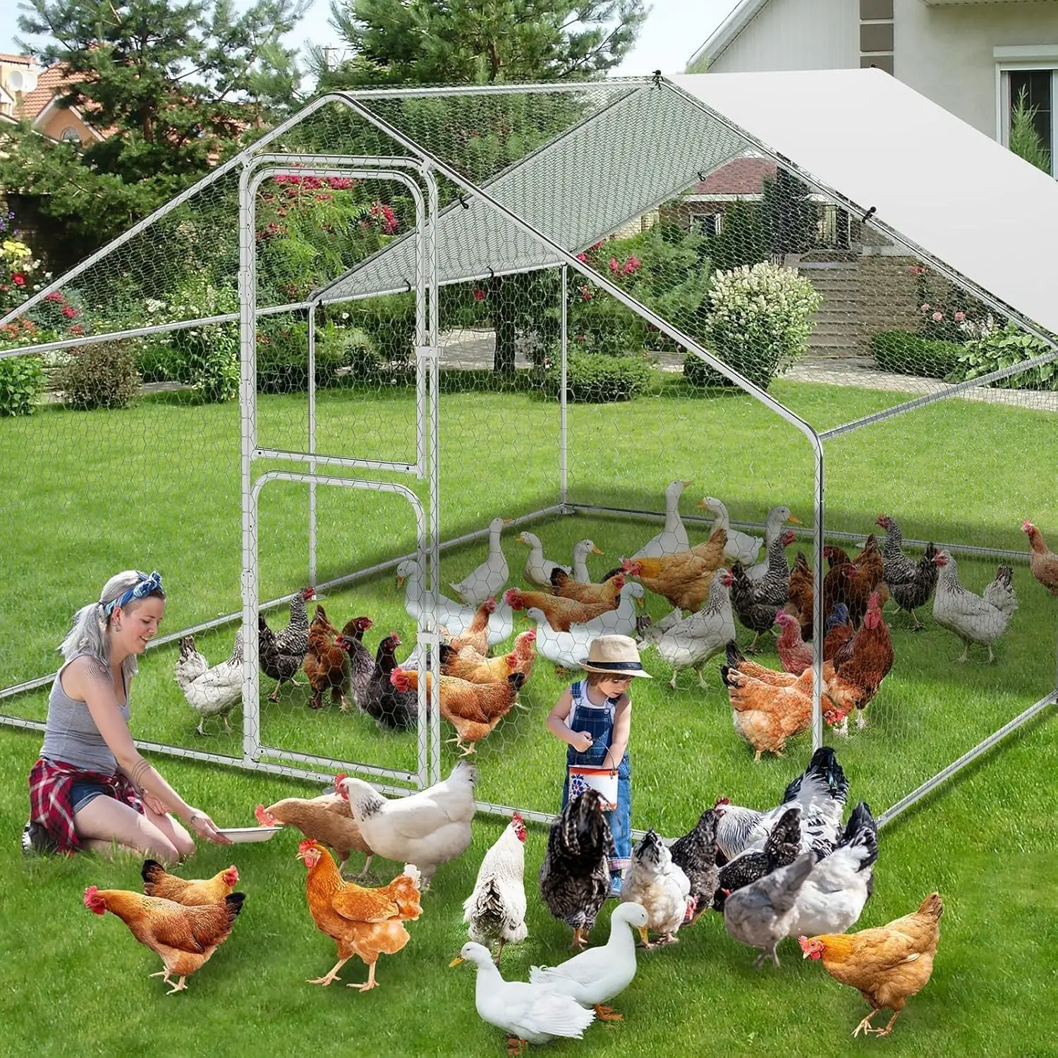 13FT Large Steel Walk-In Chicken Coop Enclosure, Hexagonal Mesh Poultry Cage with Waterproof Anti-Ultraviolet Cover, Double Lockable Doors, Predator-Safe for Outdoor Backyard Use