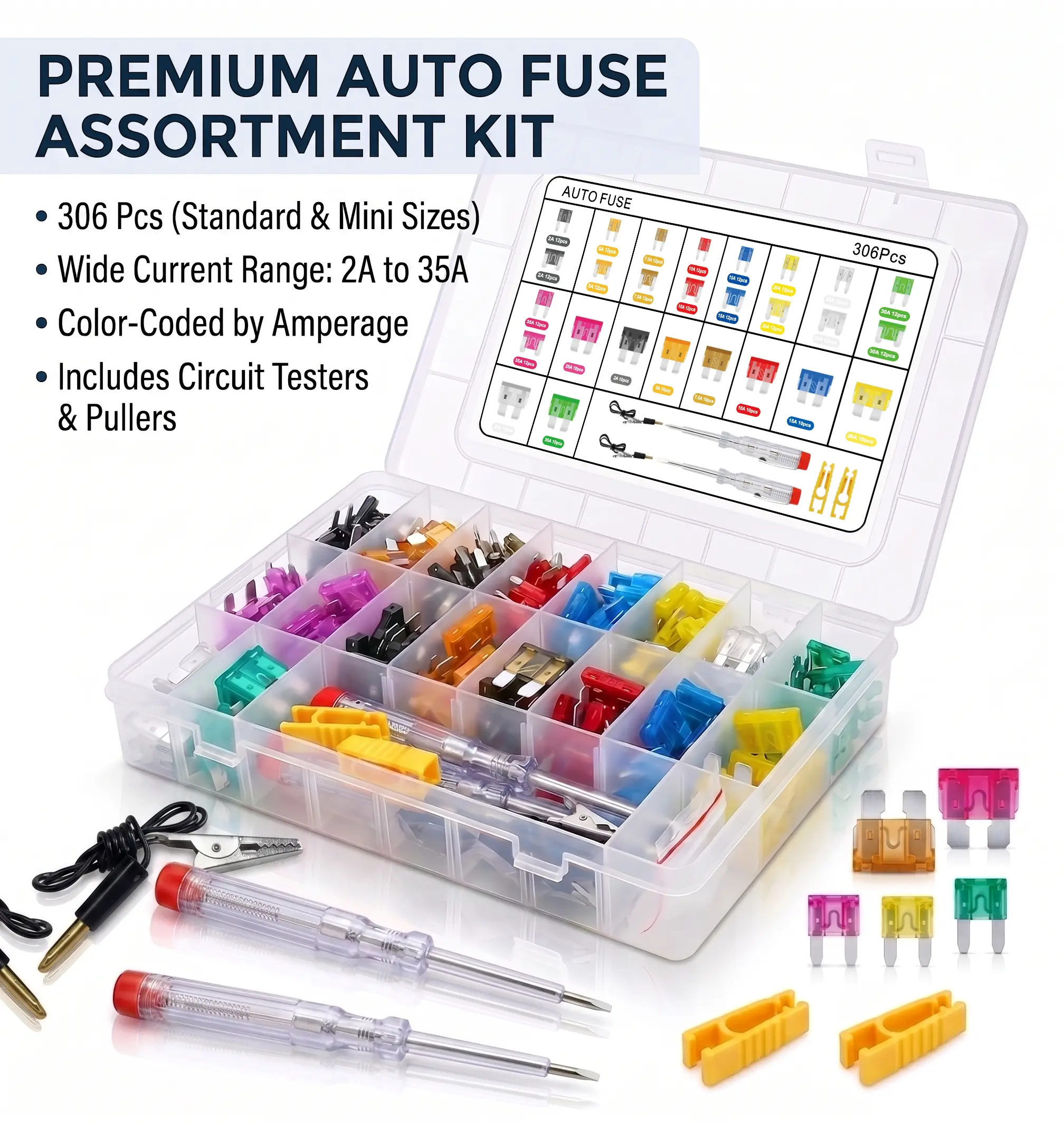 306-Piece Car Fuse Assortment Set, Premium Auto Replacement Fuses Kit with Test Pencil and Storage Case for Automotive, Trucks, SUVs, Golf Carts & Marine Repairs