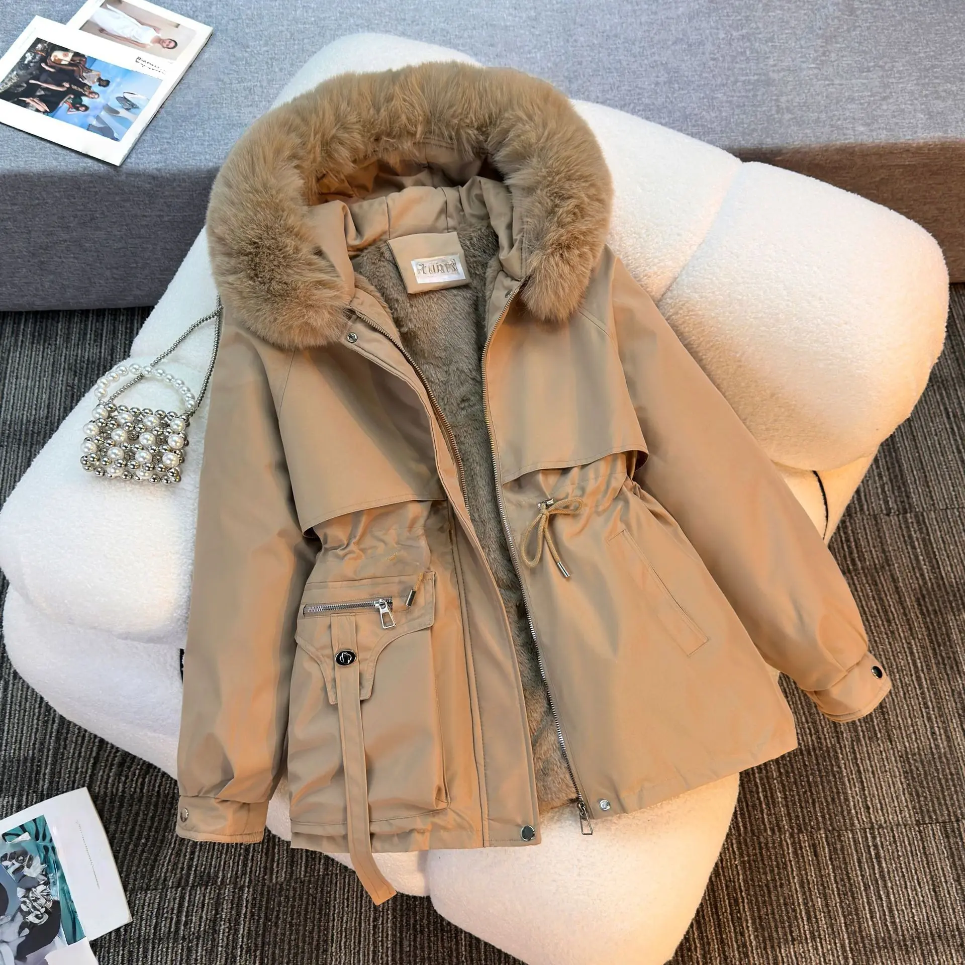 Women's Fleece Lined Parka Jacket with Faux Fur Collar, Drawstring Waist Winter Warm Coat, Multi Colors Casual Outerwear Womenswear