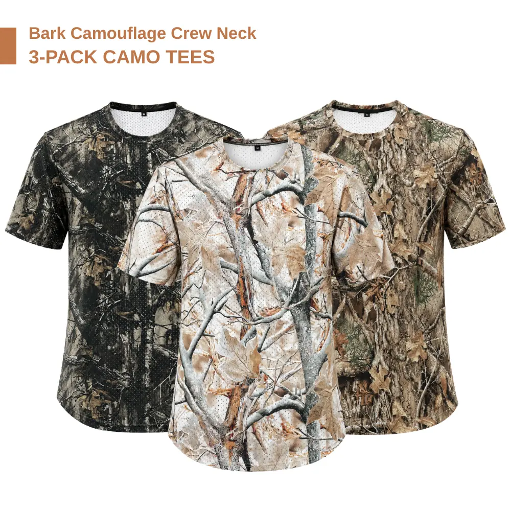 Men's 3-Pack Bark Camouflage Crew Neck Short Sleeve Bird-Eye Mesh T-Shirts - Breathable, Lightweight Tees for Hunting, Outdoor Casual Wear, Gift for Him, All Seasons