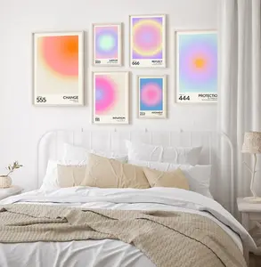 Angel Number Poster Set of 6 - Trendy Gradient Aura Energy Spiritual Wall Art 222, 333, 666 - Aesthetic Room Decor