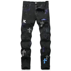 Men's crystal cross embroidered jeans - black stretch denim, tattered and worn. Tailored cone-shaped streetwear