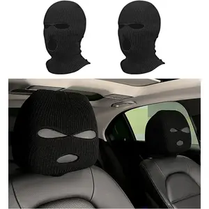 2pcs Car Headrest Cover & Winter Mask - 3-Hole Knitted Balaclava with Headrest Protector, Terylene Funny Hat for Skiing, Motorcycle & Auto Seat Decoration