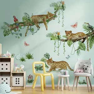 A set of 2 pieces (30*90cm*2pcs) of cheetah-on-branch with leaves and vines wall stickers for living room, bedroom, and home background decoration Decorative Wall Sticker M19008-NC
