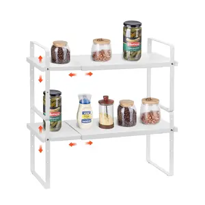 VEVOR Adjustable Kitchen Cabinet Shelf Organizer, Expandable 2 Tier Cabinet Shelf, Stackable Countertop Organizers and Storage Shelf Risers, Pantry Organizers for Kitchen Bathroom Office, White
