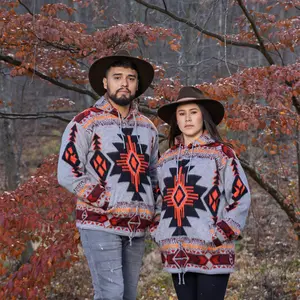 Sneezeweed Alpaca Wool Jacket Handcrafted by Indigenous Hands Soft Warm with Hood Unisex One Size Fitted Medium Length Long Sleeve Winter Traditional Style Blue Flax Material 80% Alpaca 20% Acrylic Zippers Hoods Pockets