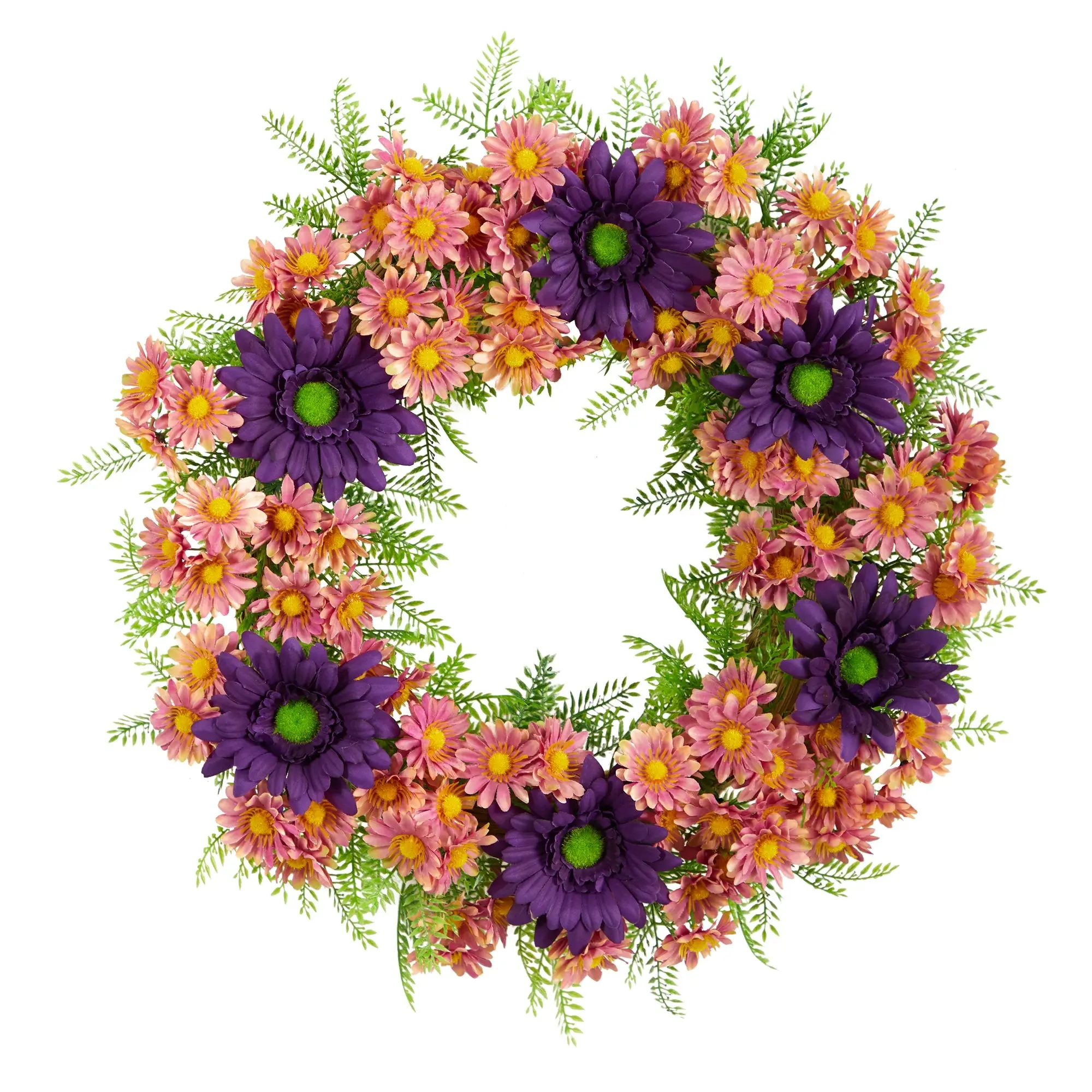21” Vivid Mixed Daisy Artificial Wreath, Flower Arrangements Decorative Ornament for Wall, Room Decor