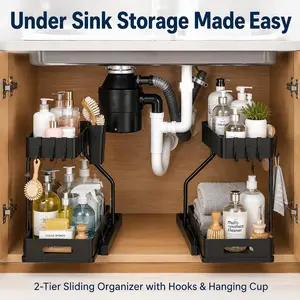 2-Tier Under Sink Organizer with Sliding Drawer, Hooks & Hanging Cup, Kitchen and Bathroom Storage Rack, Black Cleaning Tools
