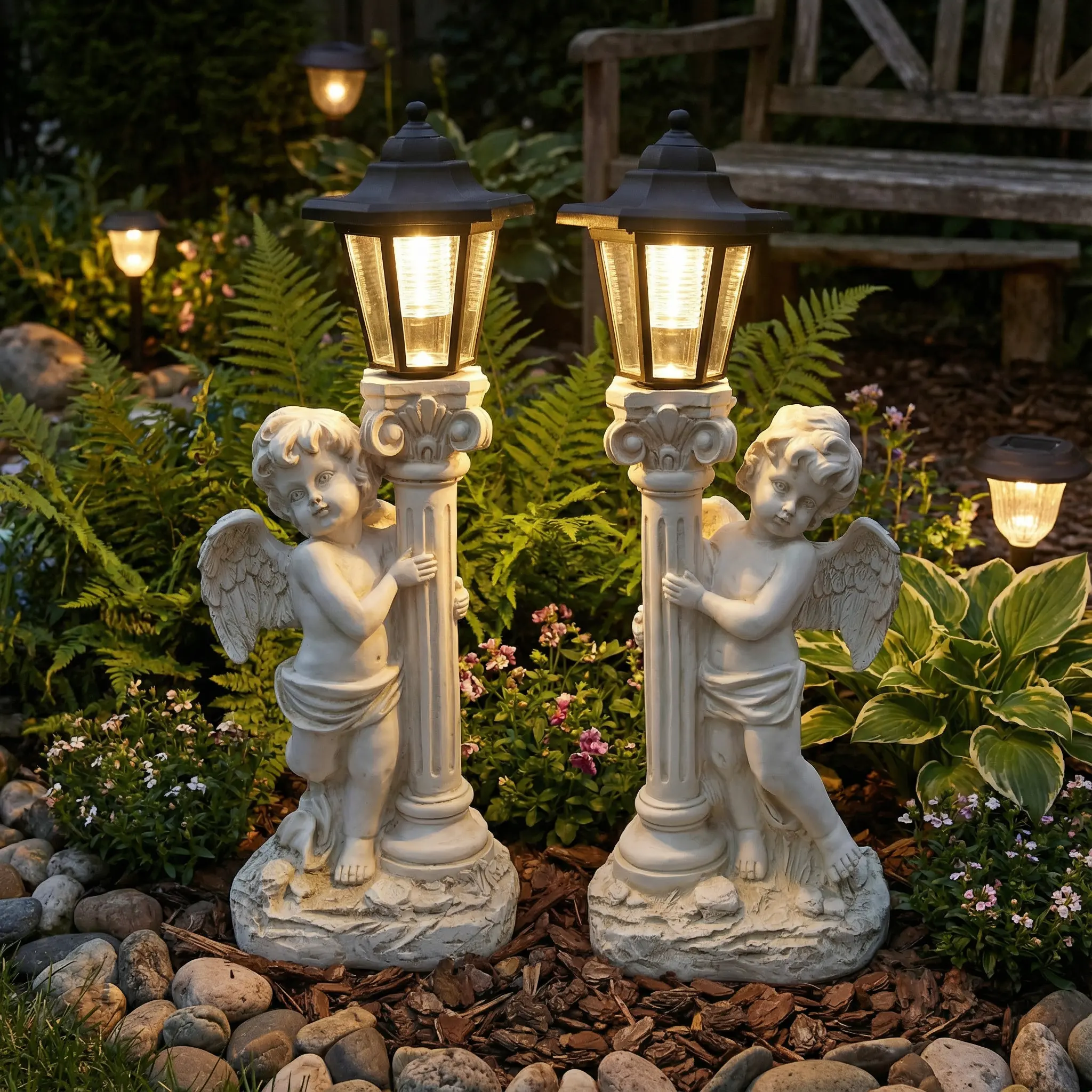 1 Solar Powered Angel Sculpture, Roman Pillar Angel Garden Sculpture, Indoor And Outdoor Solar Street Lamp Garden Landscape Decoration (Right, Left)