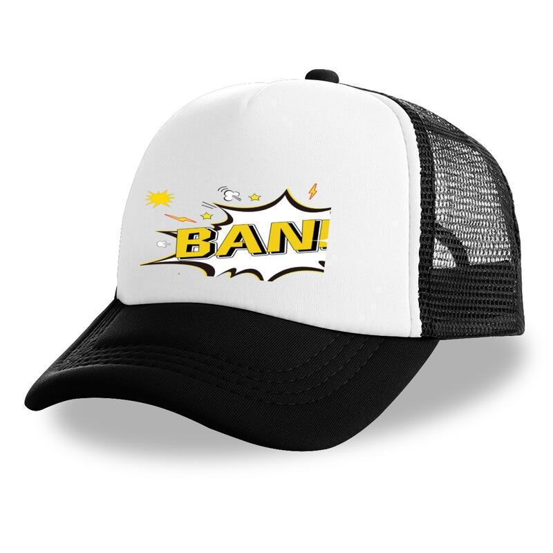 Unisex Classic Comic Print Trucker Hat - All Black, Breathable Mesh Back, Adjustable Polyester Streetwear Clothing Sun Hat, One Size #sohochic