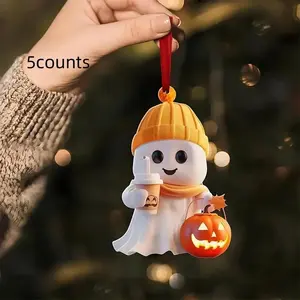 Classic Acrylic Halloween Ghost Decoration with Pumpkin & Coffee Cup Design, Seasonal Decor No Power Needed, Perfect for Home & Party, Ornaments