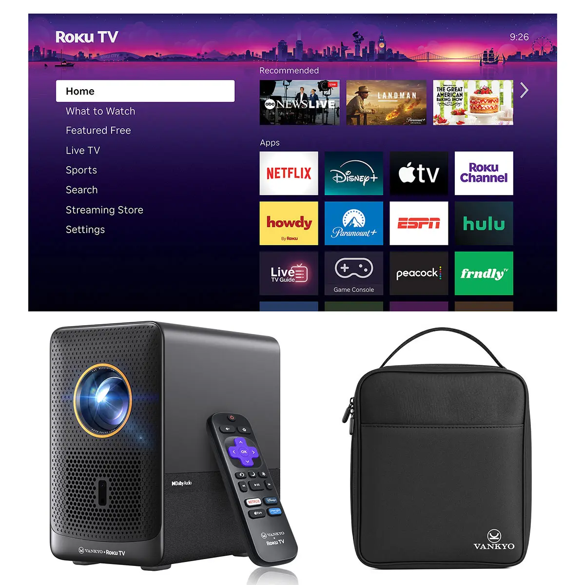 Vankyo Performance H500R Full HD Roku TV LCD Smart Home Theater Projector with Carrying Bag