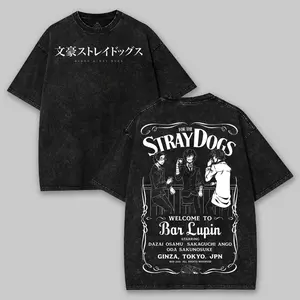 Bungo Stray Dogs Anime Double Printed Vintage Washed Tee Unisex Heavyweight Cotton T-shirt for Anime Fans and Lovers