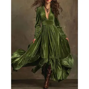 Velvet Women's Elegant Vintage Floor-Length A-Line Maxi Dress with Deep V-Neck & Long Sleeves & Ruffled Hem - Solid Brown- Wrinkle Detailing & Structured Fit for Parties, Prom, Formal Events - Machine Washable - Winter/Fall/Spring Outfits, Long