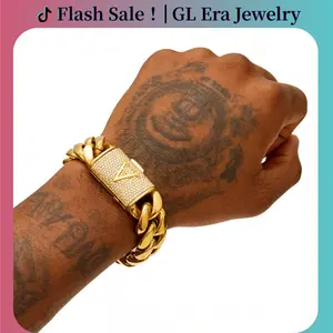 Gold Stainless Steel Cuban Link Chain Bracelet for Men, 14mm Heavy Chain with A–Z Initial Letter Clasp, Gothic Punk Hip Hop Style, Personalized Modern Gift for Him