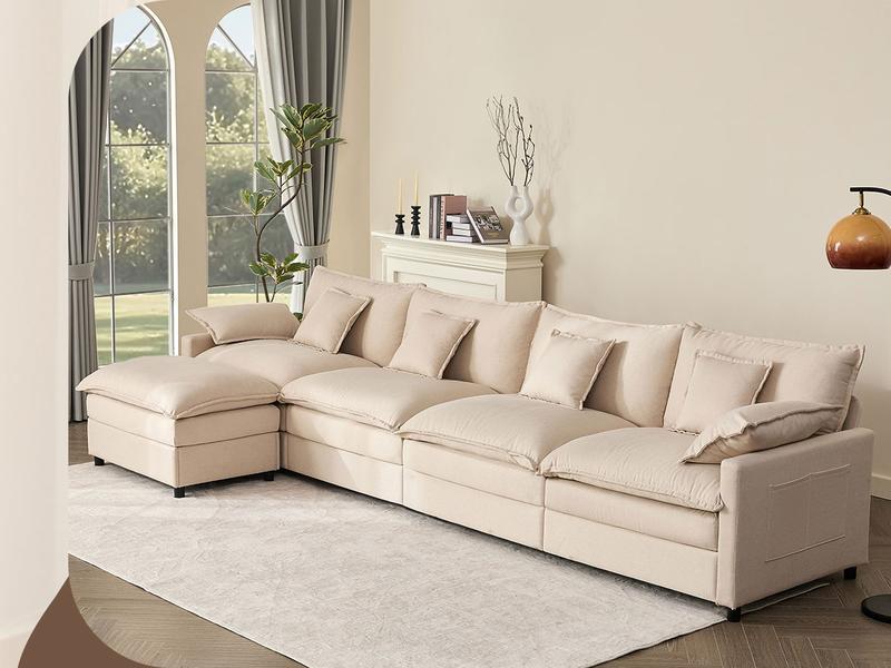 【2 Packages Shipping】GOSUHI 108" U-Shaped Modular Sectional Sofa - Comfy Cloud 3-Seater with 2 Movable Ottoman, TikTokShopBlackFriday,Deep Seat Linen Couch for Living Room, Beige Color ,Comfort & Stylish Design