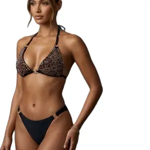 Bronxinit Women's Beaded Bikini Set  - Black with Gold Accent & Adjustable Straps Swimwear US Size Large