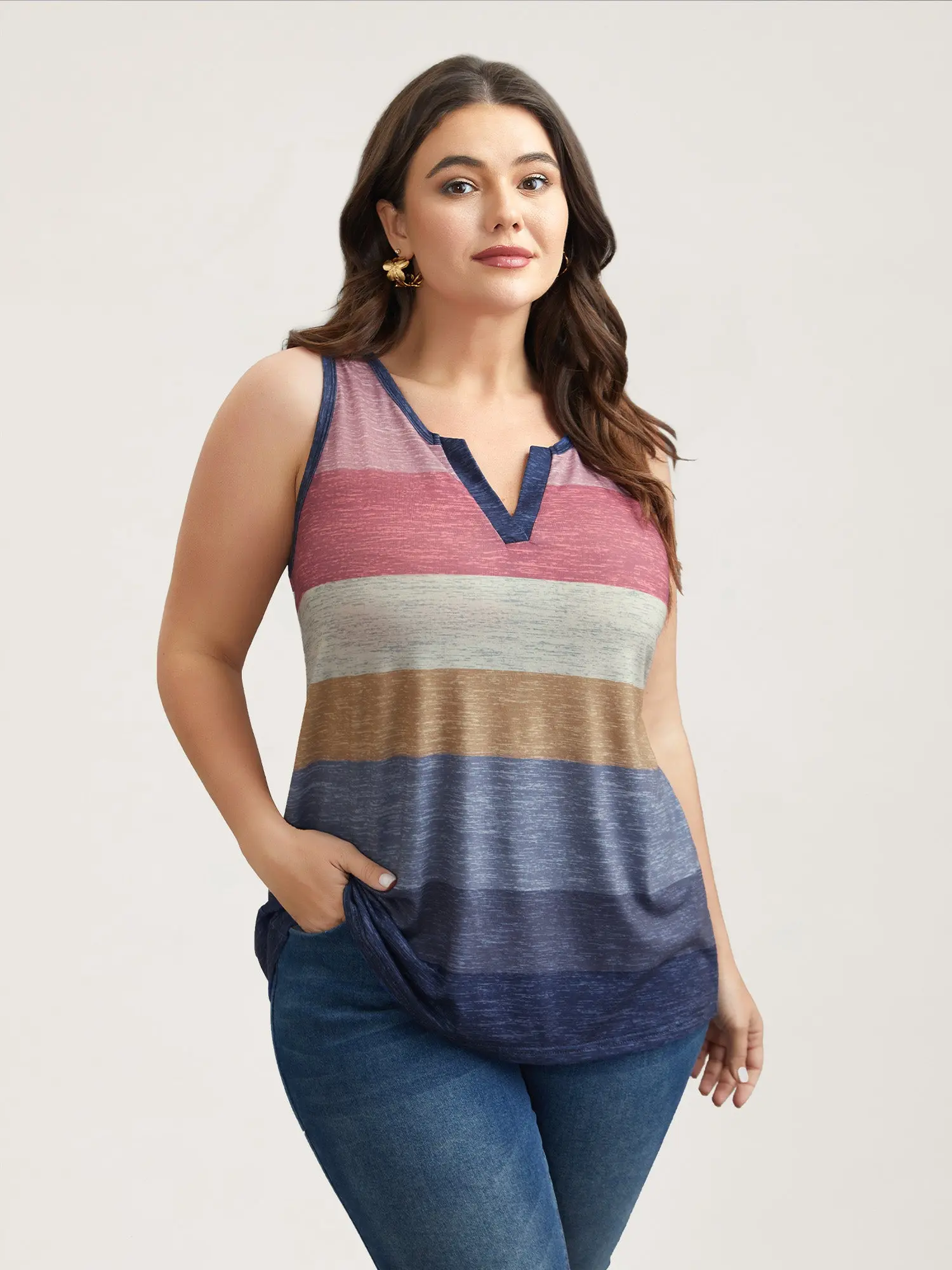 BLOOMCHIC Plus Size Women's Elegant Multicolor Striped Tank Top - Off-Sleeve,Multicolor Striped Sleeveless Tank Top, Lightweight Stretch Summer Vacation,Casual Comfy Cami,Summerfinds