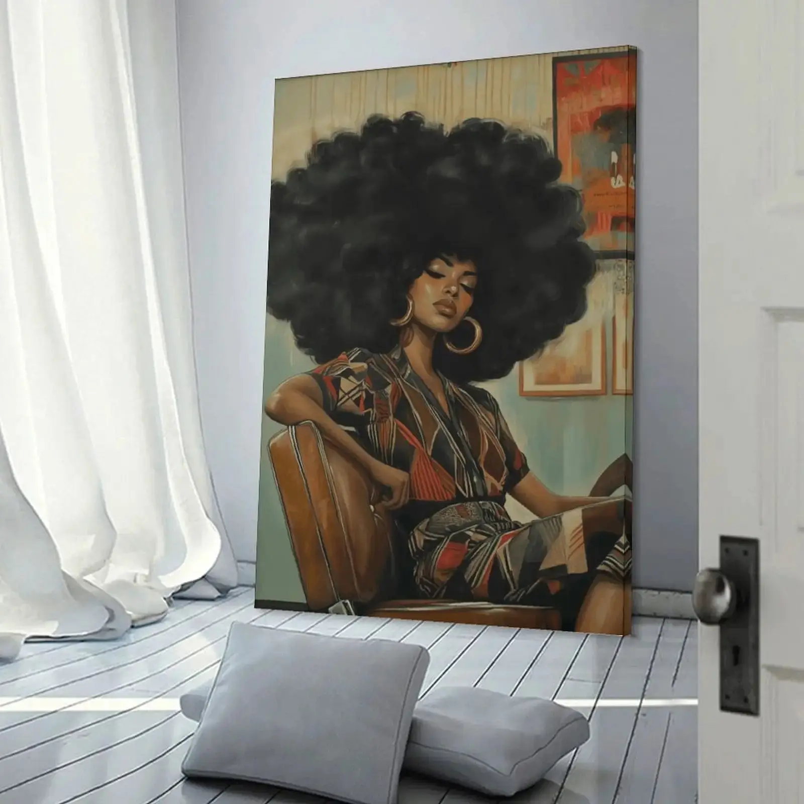 1pc Vintage 1970s Afro Woman Portrait Canvas Painting - Mid-Century Modern Black Decor Wall Art Poster with Wrapped Wood Frame, Ready-to-Hang for Living Room, Bedroom, Office - African American Art Gift for Home Decoration, Bedroom Decor, Home Decor Items