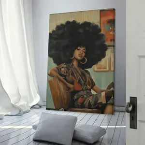 1pc Vintage 1970s Afro Woman Portrait Canvas Painting - Mid-Century Modern Black Decor Wall Art Poster with Wrapped Wood Frame, Ready-to-Hang for Living Room, Bedroom, Office - African American Art Gift for Home Decoration