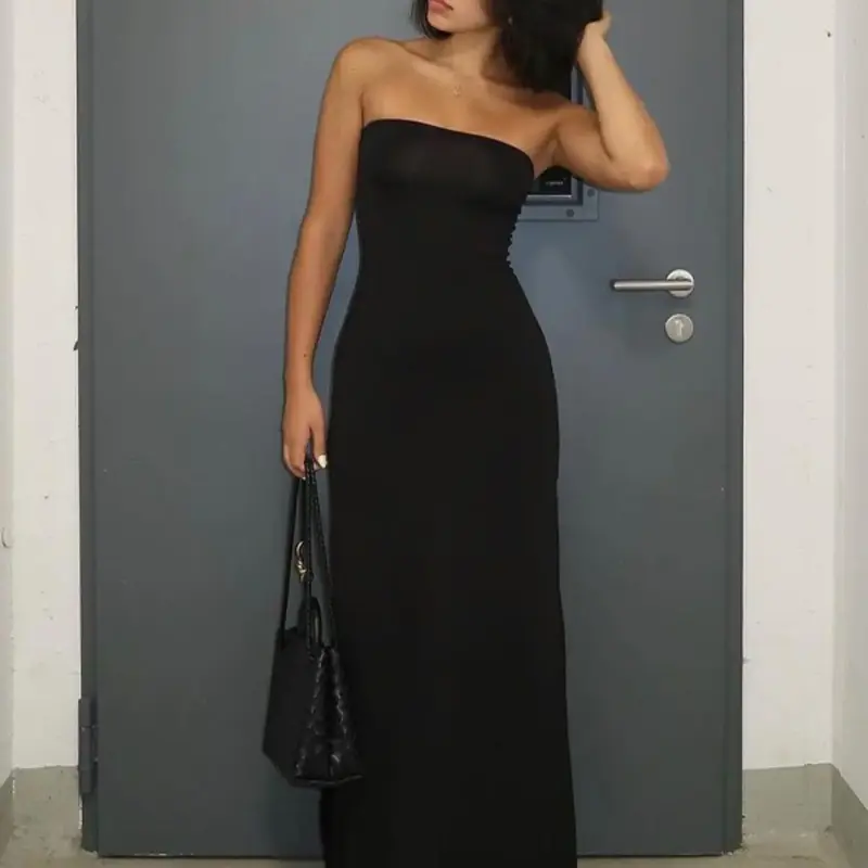 Women's Solid Backless Split Hem Tube Dress, Elegant Chic Sleeveless Strapless A-Line Dress for Parties, Clubs, Dates, Formal Wear and Evening Glam Gown, Ladies Summer Clothes