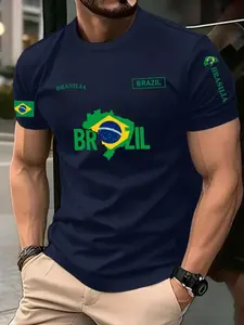 Men's Brazil Flag Pattern T-Shirt, Regular Fit Short Sleeve Top, Football Style Design, Casual & Sports Wear