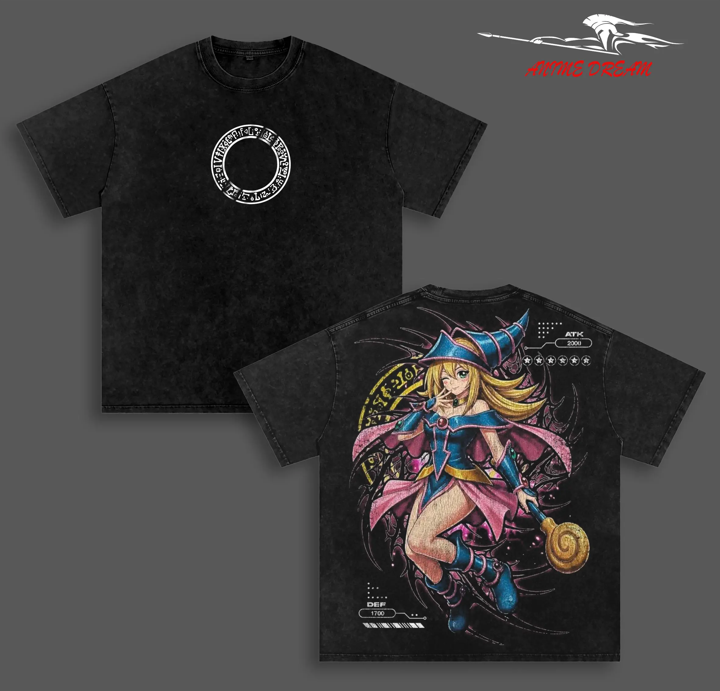 Dark Magician Yugioh Anime Double Printed Vintage Washed Tee Unisex Oversize Heavyweight Cotton T-shirt for Anime Fans and Lovers