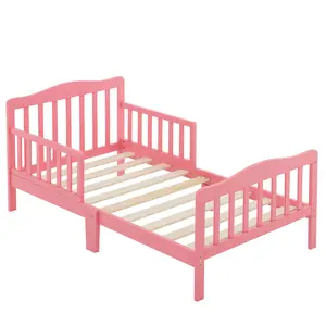 Solid Pine Wood Toddler Bed with Safety Guardrails, Low-Height Single Floor Bed for Kids, 54"x30" Children's Bedroom Furniture, Pink