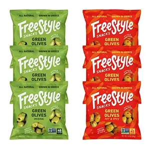 Freestyle Snacks Olive Snack Packs - Single Serve - Fresh Pitted Green Olives, Jumbo-Sized, Grown in Greece, All Natural, Non-GMO, Paleo, Sugar-Free, Keto, Salty Snack - Variety, 1.1oz (6 Pack)