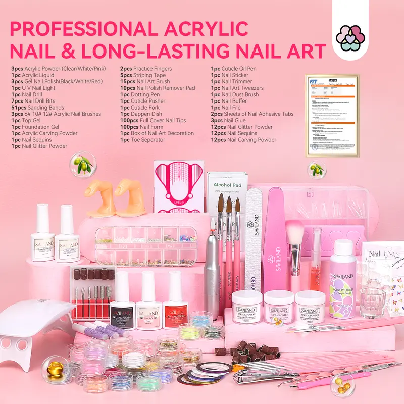 SAVILAND Essentials Acrylic Nail Kit – All-in-1 Set with Lamp EMA Monomer Gel Polish Nail Drill Cuticle Remover for Home DIY Starters SAVILAND Essentials Acrylic Nail Kit – All-in-1 Set with Lamp EMA Monomer Gel Polish Nail Drill Cuticle Remover for Home DIY Starters