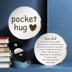 Engraved Stainless Steel Pocket Hug Token with Leather Keychain Holder, Father's Day Gifts for Dad from Son/Daughter, Sentimental Birthday Keepsake Plaque