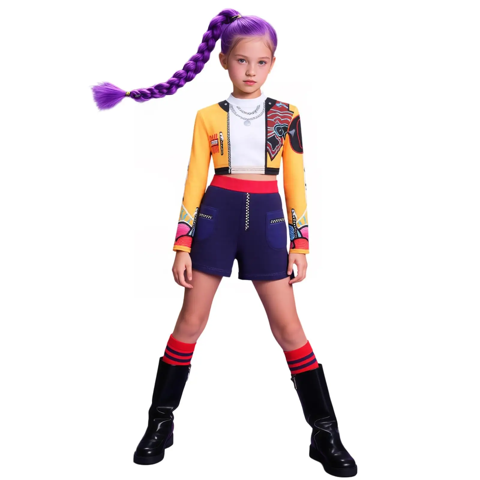 KPop Demon Hunters Costume for Girls 3-Piece Set | Kids Cosplay Outfit with Embroidery & Gold Chain Print | Halloween Dance Performance Top, Shorts &