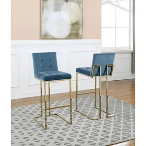 27" Tufted Velvet Upholstered Bar Stool in Teal Blue (Set of 2), Teal blue