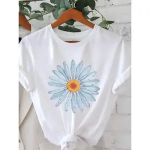 Womens Short Sleeve Graphic Tee Blue Daisy Flower Print Crewneck Casual Summer Top Soft Breathable Lightweight Everyday Vacation Beach Streetwear