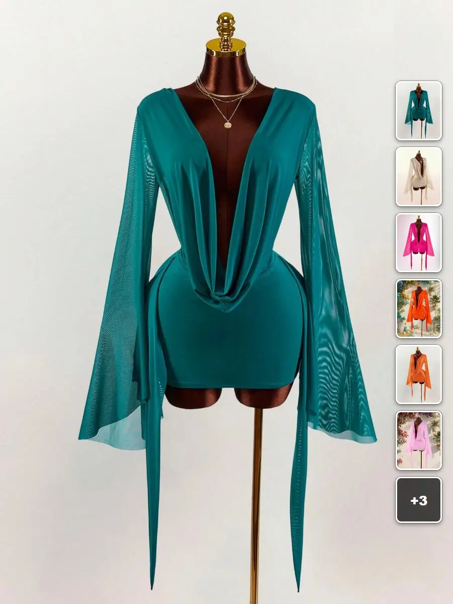FLASH Bodycon Mini Dress Draped Bell Sleeves Low-Cut Vacation Summer Dress