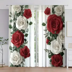 Valentine's Day Floral Vintage Print Curtains, Rod Pocket Hanging, Lightweight Polyester Fiber, Window Covering, Privacy Protection