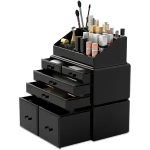 Makeup organizer 3 pieces cosmetic storage case with 6 drawers black
