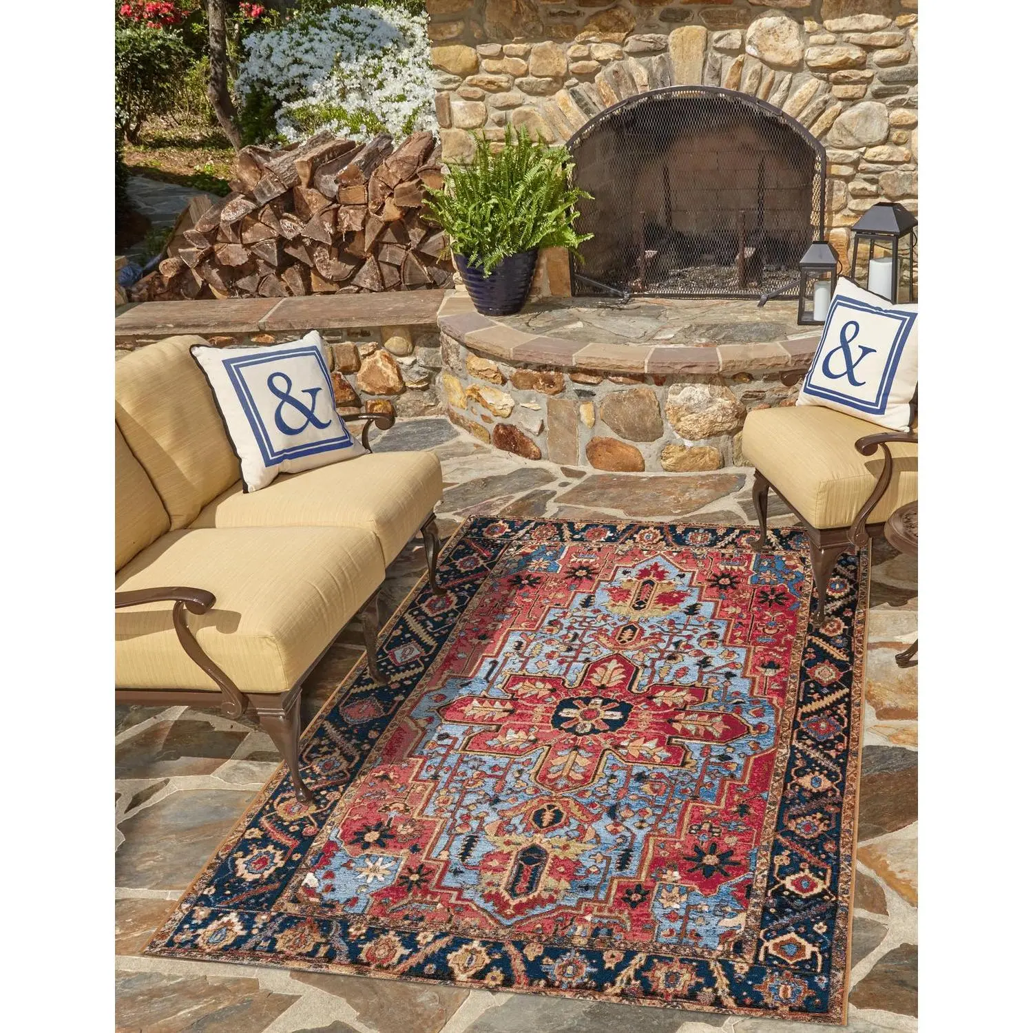 Rust Red and Blue Outdoor Traditional Rug