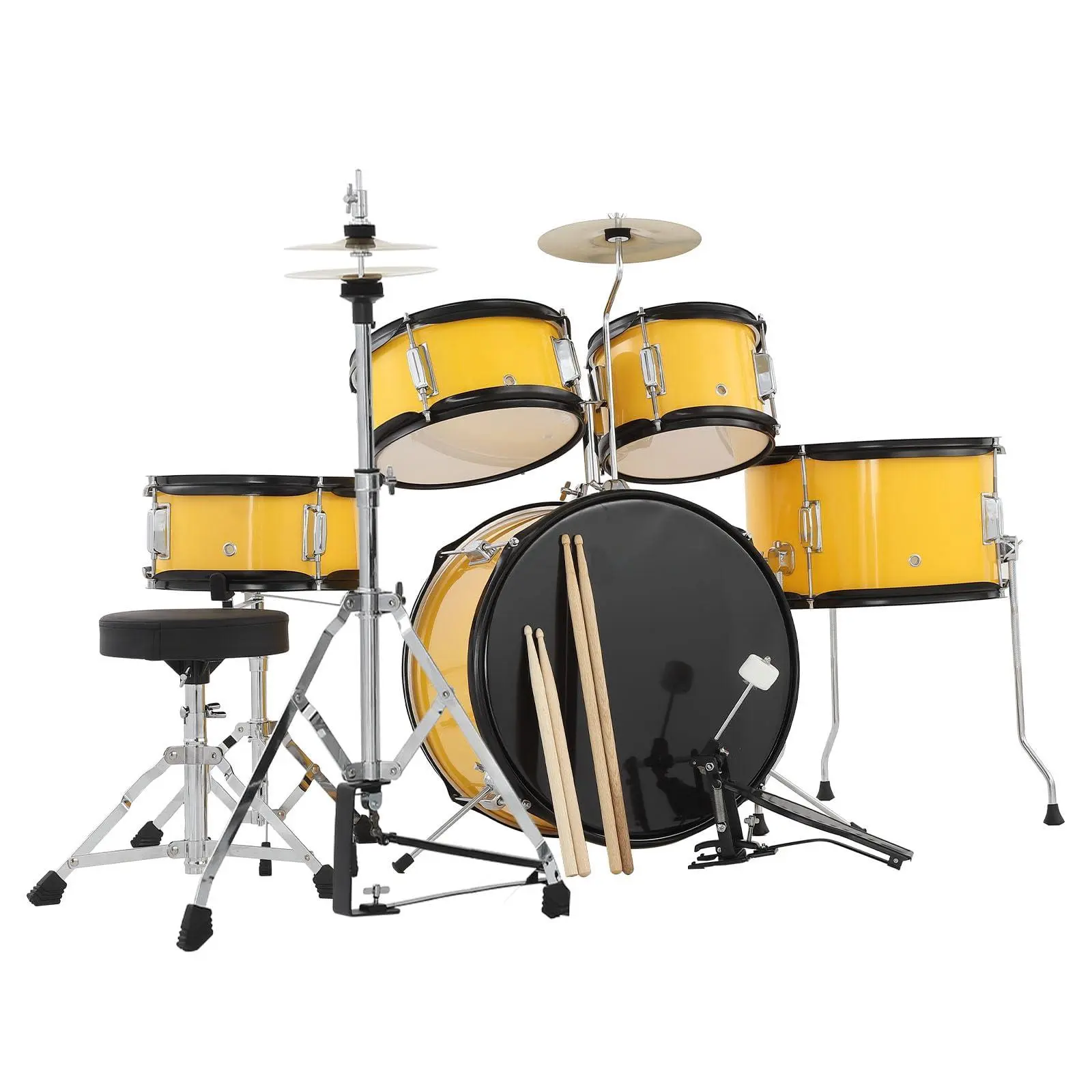 Beginner 5-Piece Kids Drums Set - Tom, Cymbal, Hi-Hat, Pedal, Drumsticks, Seat Included - Yellow Junior Youth Drum Kit
