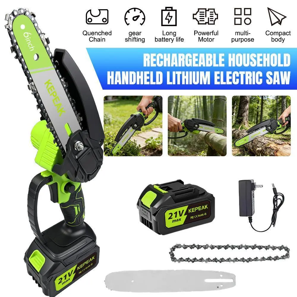 【Toolupgrade】24V 6 In Li-ion Cordless Lightweight Mini Chainsaw, 6000mAh Battery-Powered Power Tool with Charger & Protective Guards, Handheld Electric Saw for Tight-Trimming & Small Log Cutting