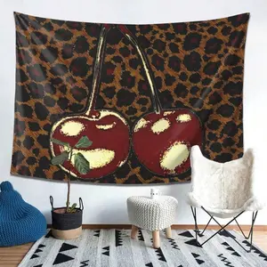 [Tapestry Wall Hanging] Cherry & Leopard Print Tapestry Wall Hanging - Premium Peach Light Beige Fabric, Horizontal Design For Living Room, Bedroom, Office & Party Decor - Perfect Gift For Home & Festive Occasions, Wall Decorations For Home Multicolor