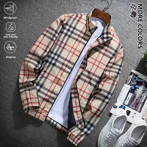 Men's Plaid Pattern Jacket Spring & Autumn Lightweight Casual Trench Coat with Zipper Pockets Classic Aviator Jacket Made with Warm Fabric Soft and Comfortable Stand Collar Sports Jacket Suitable for Dating Running Parties Workouts and Everyday Wear